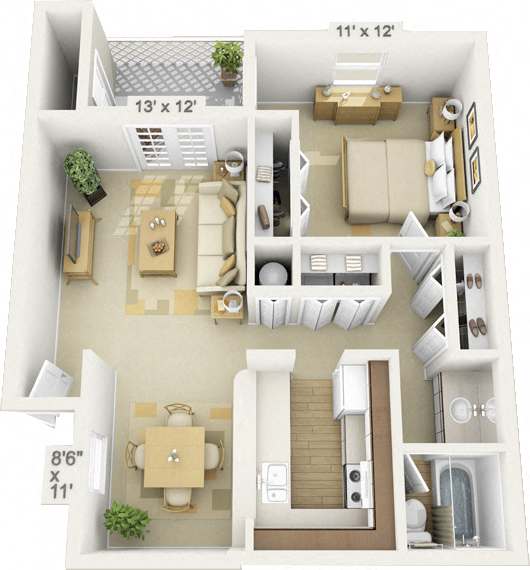 Floor plan for 1 bed, 1 bath, 700 sqft